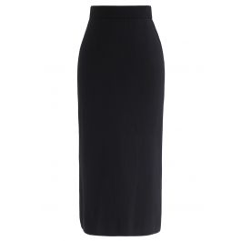 Basic Ribbed Knit Pencil Midi Skirt in Black - Retro, Indie and Unique ...