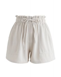 PaperBag-Waist Pockets Shorts in Cream
