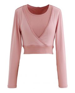 Fake Two-Piece Sleeves Cropped Sports Top in Pink
