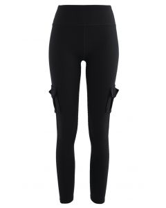 Buttoned Flap Pocket Seamed Cropped Leggings in Black