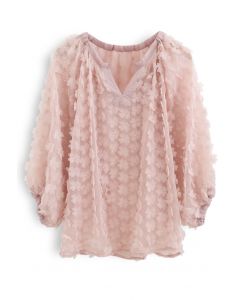 3D Clover Sheer Puff Sleeves V-Neck Top in Pink