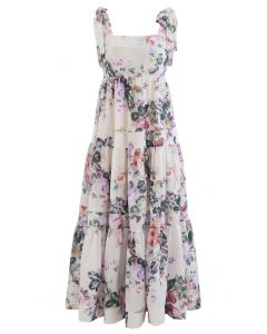 Watercolor Flowers Printed Tie-Strap Maxi Dress