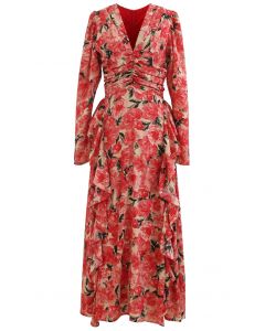 Ruched Red Floral V-Neck Ruffle Maxi Dress