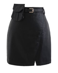 Belted Pocket Faux Leather Mini Bud Skirt in Black
