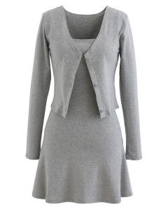 Cotton Blend V-Neck Button Twinset Dress in Grey