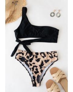 Leopard Print One-Shoulder Knotted Bikini Set