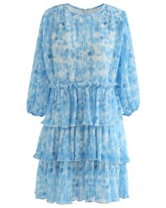 Pleated Tie-Dye Tiered Dolly Dress in Blue