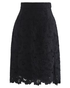 Blooming Peony Full Crochet Pencil Skirt in Black