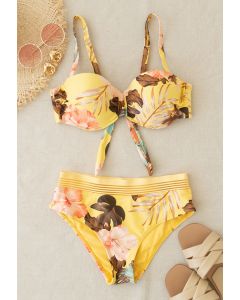 Tropical Leaves Print Bustier Bikini Set in Yellow