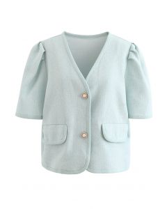 Pearly Button Short Sleeve Tweed Blazer in Mint