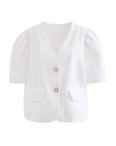 Pearly Button Short Sleeve Tweed Blazer in White