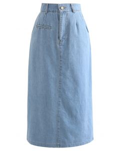 Back Slit Pocket Washed Denim Midi Skirt