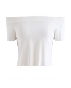Off-Shoulder Short Sleeve Crop Knit Top in White