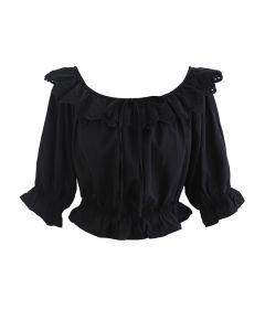 Scallop Embroidered Bowknot Crop Top in Black