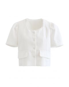 Fake Pocket Buttoned Textured Crop Blazer in White