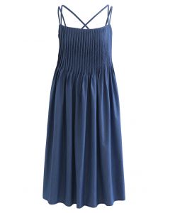 Cross Back Pintuck Front Cami Dress in Blue