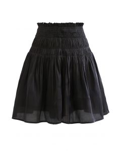 High Waist Shirred Shimmer Flared Shorts in Black