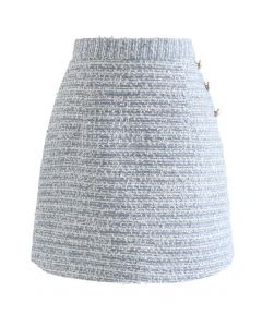 Button Trim Sequined Tweed Mini Skirt in Blue