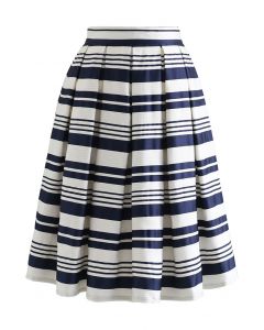 Bicolor Stripe Jacquard Pleated Skirt in Navy