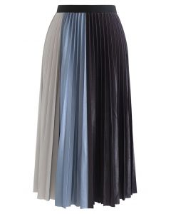 Pleated Sheen Color Block Midi Skirt in Blue