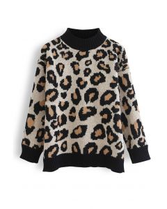 Wild Leopard Print Mock Neck Knit Sweater
