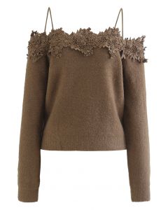 3D Floral Crochet Edge Off-Shoulder Soft Knit Top in Brown
