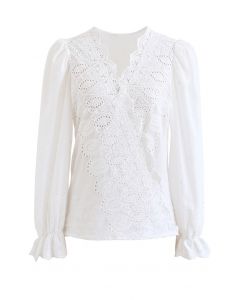 Embroidered Surplice Neck Cotton Wrap Top in White