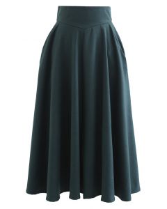 Classic Side Pocket A-Line Midi Skirt in Green