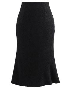 Baroque Velvet Lace Flared Pencil Skirt in Black
