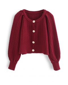 Braid Knit Button Down Crop Cardigan in Red