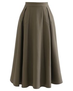 Functional A-Line Pleated Midi Skirt in Khaki