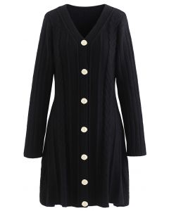 V-Neck Button Down Mini Knit Dress in Black