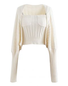 Rib Knit Crop Cami Top and Sweater Sleeve Set in Ivory
