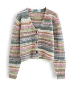 Striped Block Buttoned Crop Knit Cardigan in Moss Green