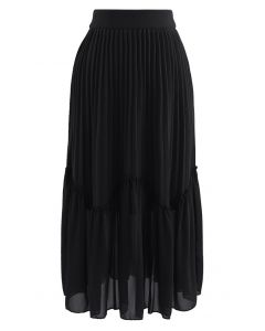 Spliced Chiffon Hem Knit Midi Skirt in Black