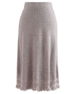 Fringed Hem A-Line Midi Knit Skirt in Taupe