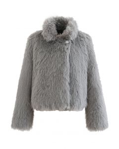 Fluffy Faux Fur Collared Crop Coat in Smoke