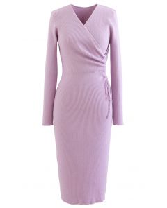 Drawstring Side Wrap Bust Knit Midi Dress in Lavender