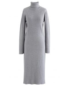 Long Sleeve Turtleneck Cozy Knit Sweater Dress in Grey