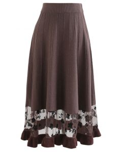Floral Mesh Spliced Shimmer Knit Skirt in Brown