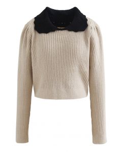 Hollow Out Doll Collar Crop Knit Sweater in Camel