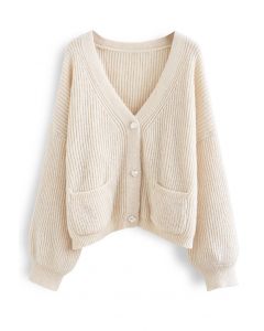 Patched Pocket Shimmer Knit Buttoned Cardigan in Cream