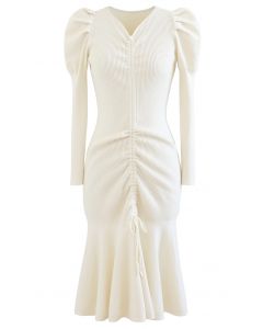 Drawstring Front Frill Hem Knit Midi Dress in White