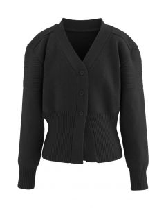 Puff Sleeve Buttoned Knit Cardigan in Black