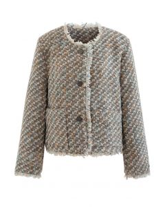 Mix-Color Tweed Button Down Fringed Blazer