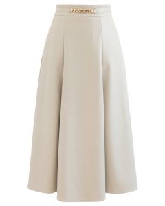 Metallic Chain Embellished Faux Leather Skirt in Ivory
