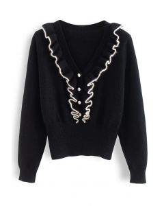 Contrast Ruffle Buttoned Knit Sweater in Black
