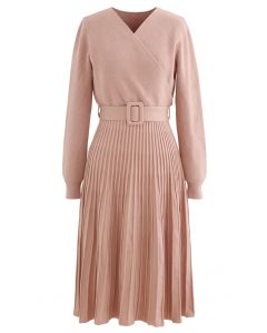 Belted Wrap Rib Knit Midi Dress in Coral