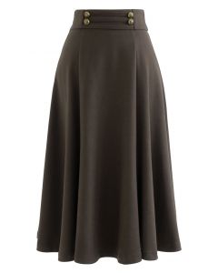 Buttoned Waist Wool-Blend Flare Skirt in Brown