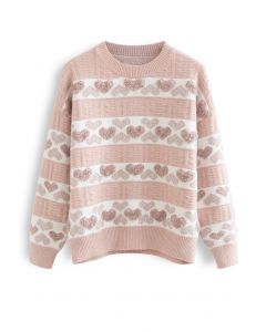 Fuzzy Heart Jacquard Knit Sweater in Pink
